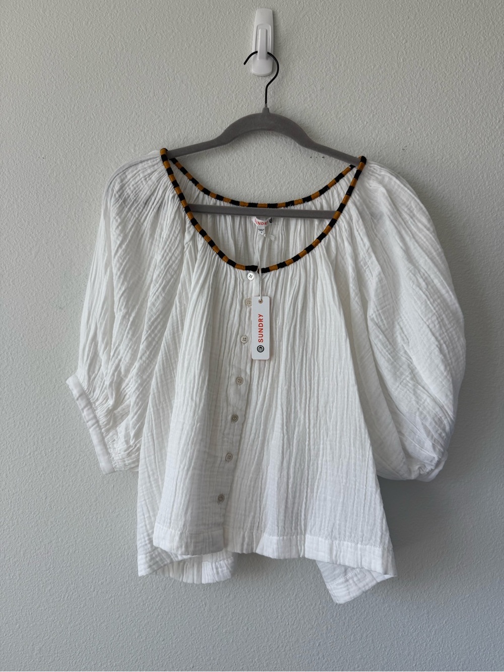 NWT Sundry White Button-Front Peasant Blouse with Striped Trim